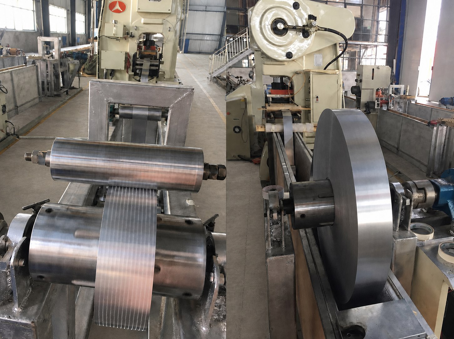 Perforated aluminium strip running through the production line