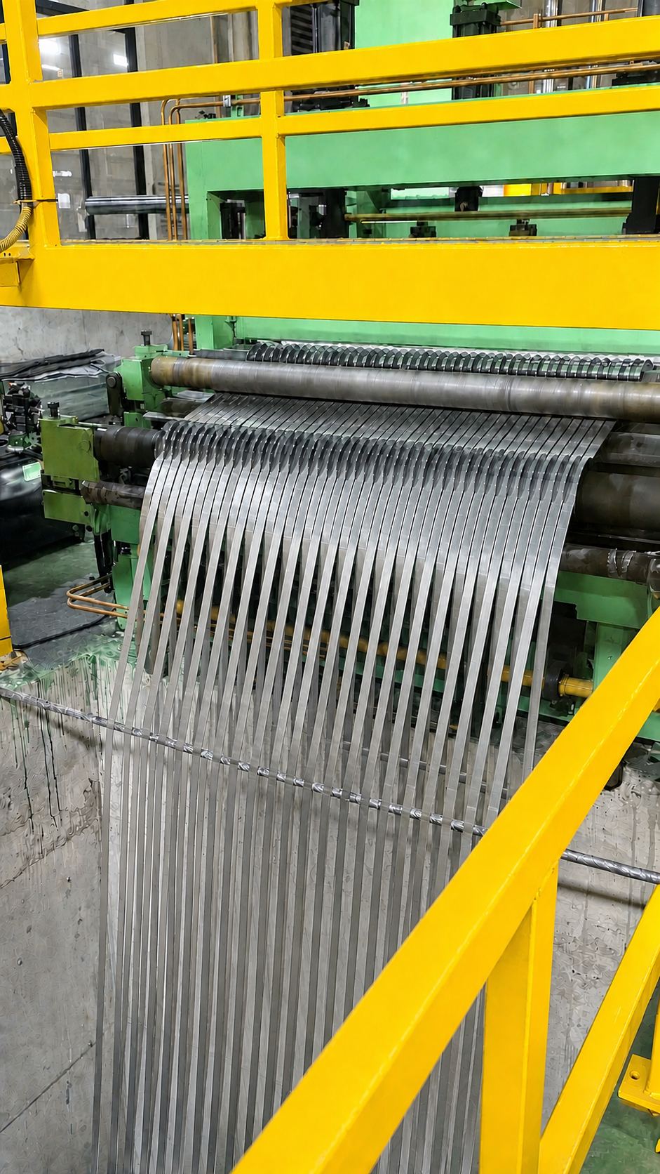 Precision-slit mill-finish aluminium strip leaving the slitting line